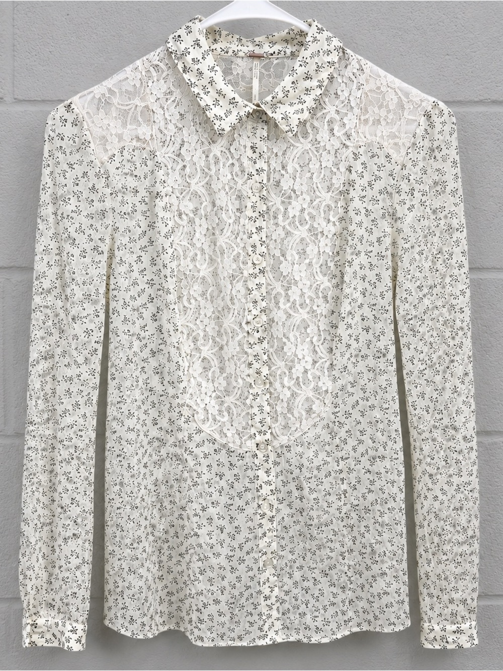 Free People Lace Yoke Floral Button Front Blouse Ivory Black Boho Women’s S